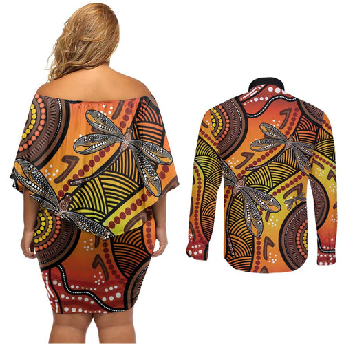 Australian Dragonfly Indigenous Art Couples Matching Off Shoulder Short Dress and Long Sleeve Button Shirt