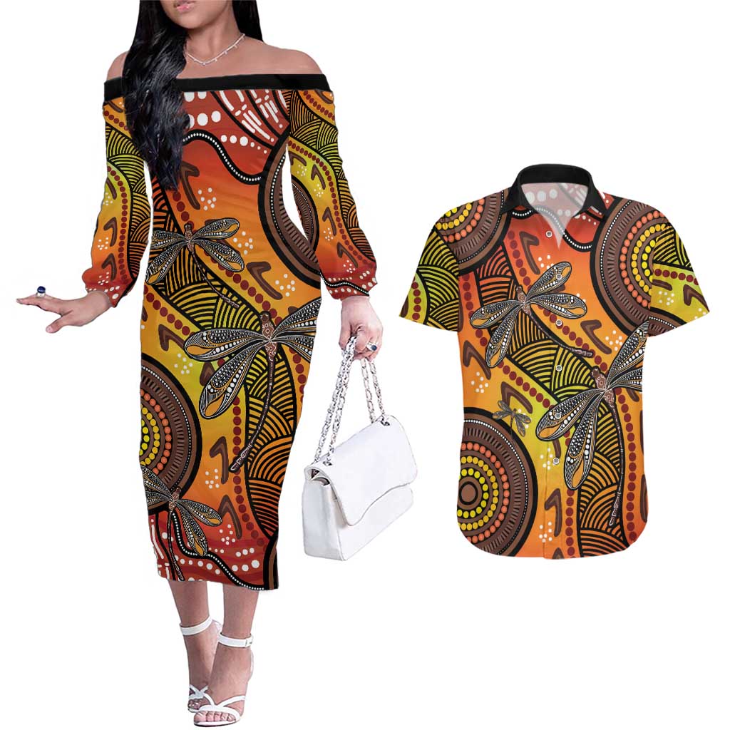 Australian Dragonfly Indigenous Art Couples Matching Off The Shoulder Long Sleeve Dress and Hawaiian Shirt
