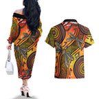 Australian Dragonfly Indigenous Art Couples Matching Off The Shoulder Long Sleeve Dress and Hawaiian Shirt