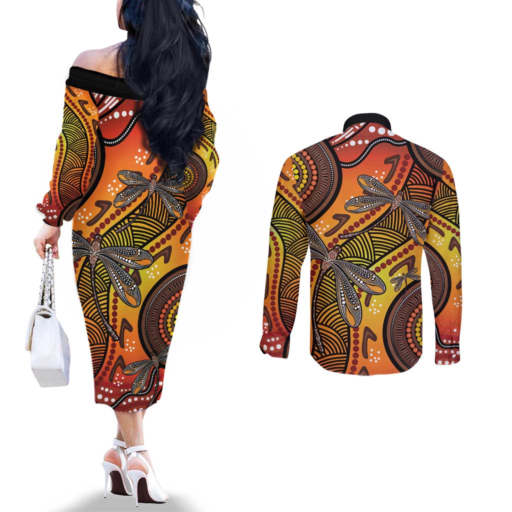 Australian Dragonfly Indigenous Art Couples Matching Off The Shoulder Long Sleeve Dress and Long Sleeve Button Shirt