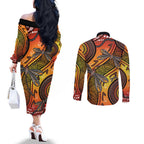 Australian Dragonfly Indigenous Art Couples Matching Off The Shoulder Long Sleeve Dress and Long Sleeve Button Shirt