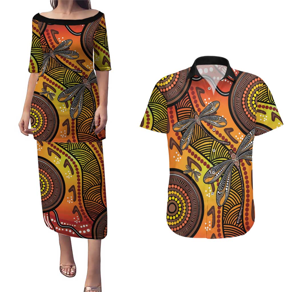 Australian Dragonfly Indigenous Art Couples Matching Puletasi and Hawaiian Shirt
