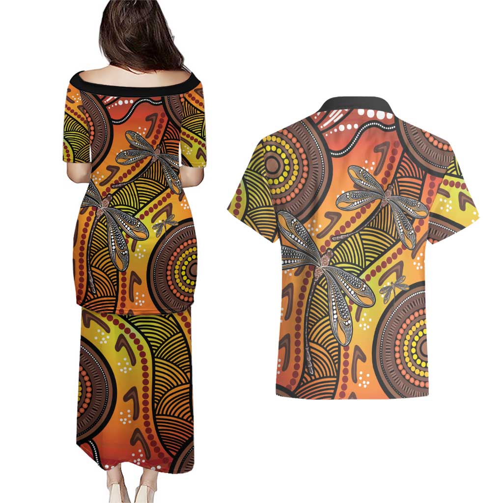 Australian Dragonfly Indigenous Art Couples Matching Puletasi and Hawaiian Shirt