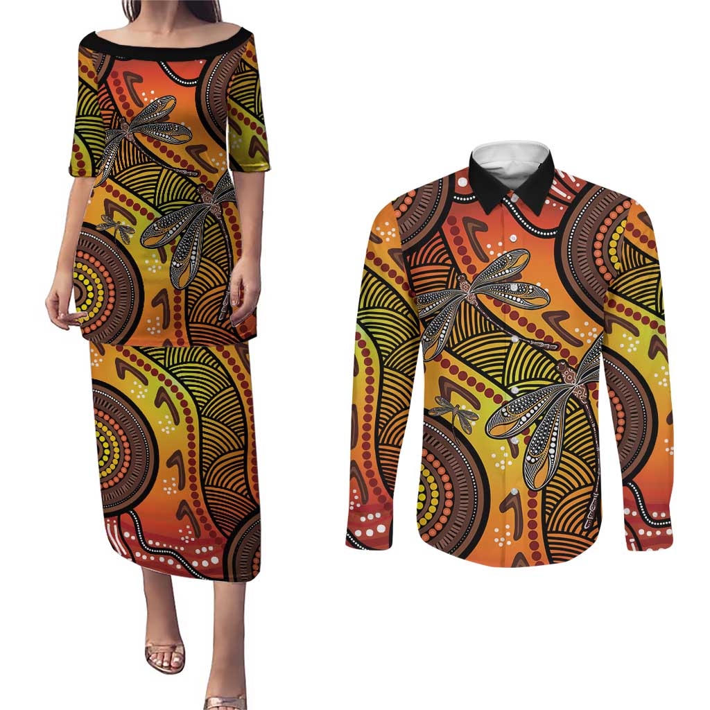 Australian Dragonfly Indigenous Art Couples Matching Puletasi and Long Sleeve Button Shirt