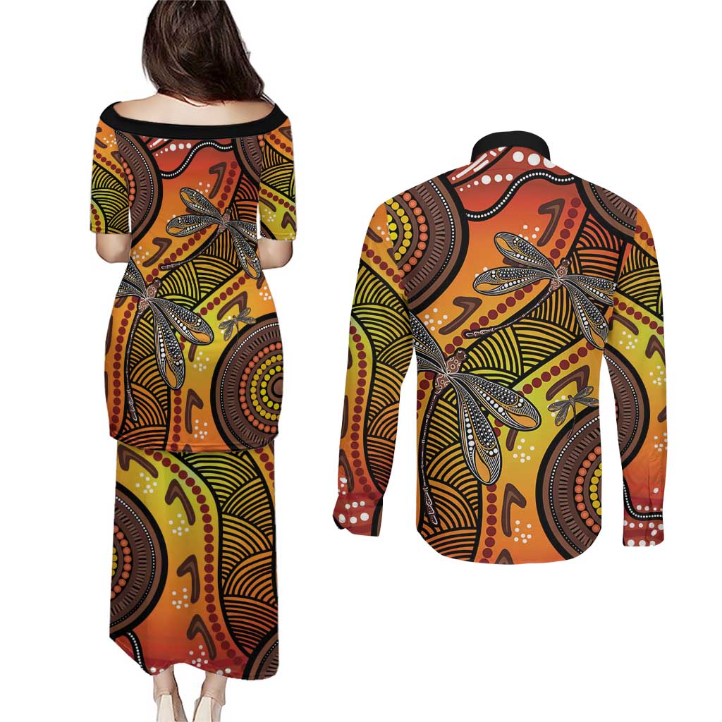 Australian Dragonfly Indigenous Art Couples Matching Puletasi and Long Sleeve Button Shirt