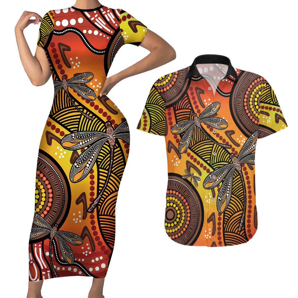 Australian Dragonfly Indigenous Art Couples Matching Short Sleeve Bodycon Dress and Hawaiian Shirt