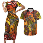 Australian Dragonfly Indigenous Art Couples Matching Short Sleeve Bodycon Dress and Hawaiian Shirt