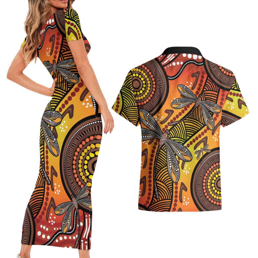 Australian Dragonfly Indigenous Art Couples Matching Short Sleeve Bodycon Dress and Hawaiian Shirt