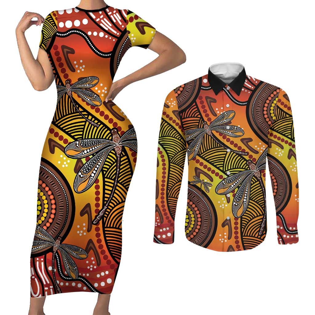 Australian Dragonfly Indigenous Art Couples Matching Short Sleeve Bodycon Dress and Long Sleeve Button Shirt