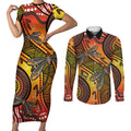 Australian Dragonfly Indigenous Art Couples Matching Short Sleeve Bodycon Dress and Long Sleeve Button Shirt