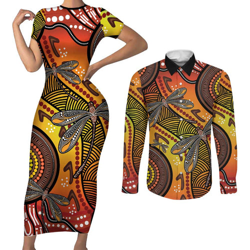 Australian Dragonfly Indigenous Art Couples Matching Short Sleeve Bodycon Dress and Long Sleeve Button Shirt