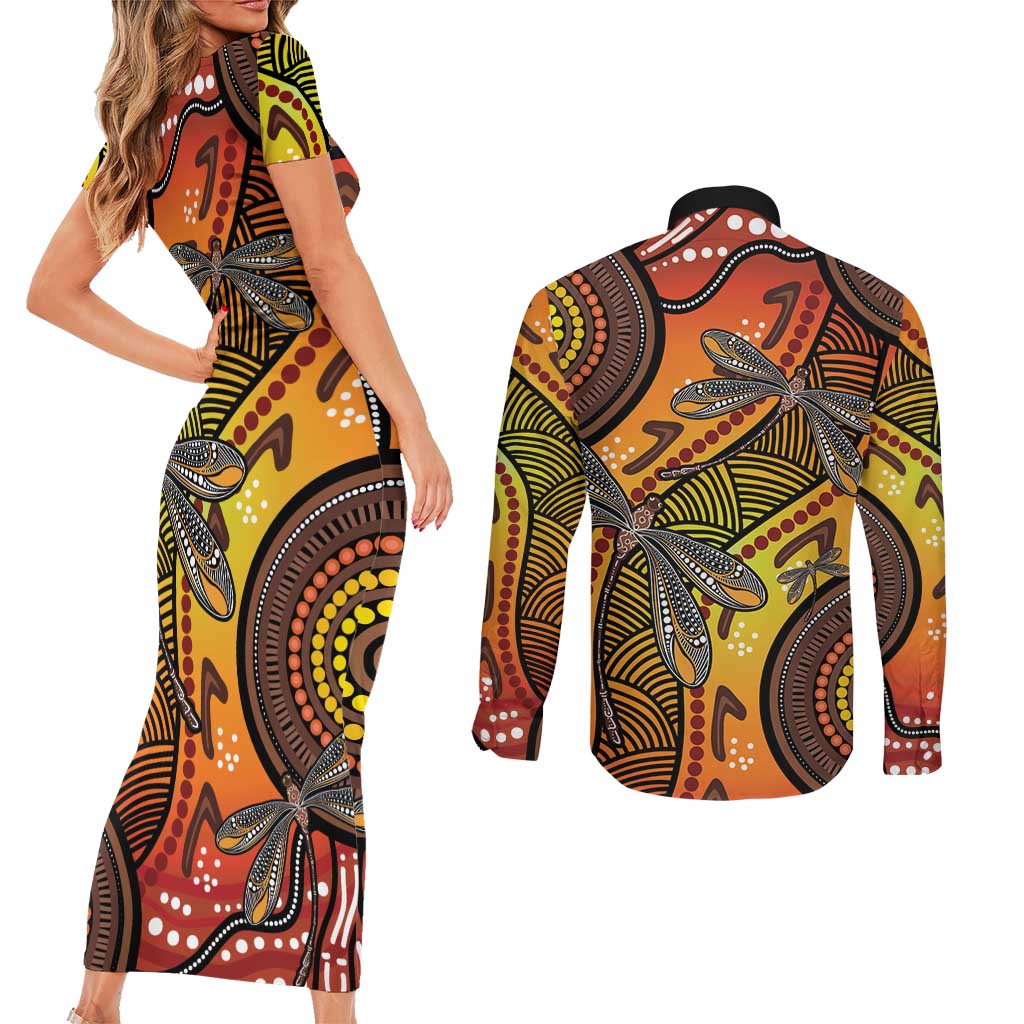 Australian Dragonfly Indigenous Art Couples Matching Short Sleeve Bodycon Dress and Long Sleeve Button Shirt