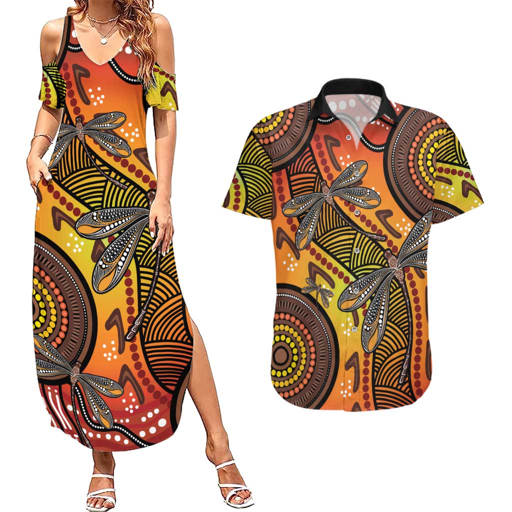 Australian Dragonfly Indigenous Art Couples Matching Summer Maxi Dress and Hawaiian Shirt