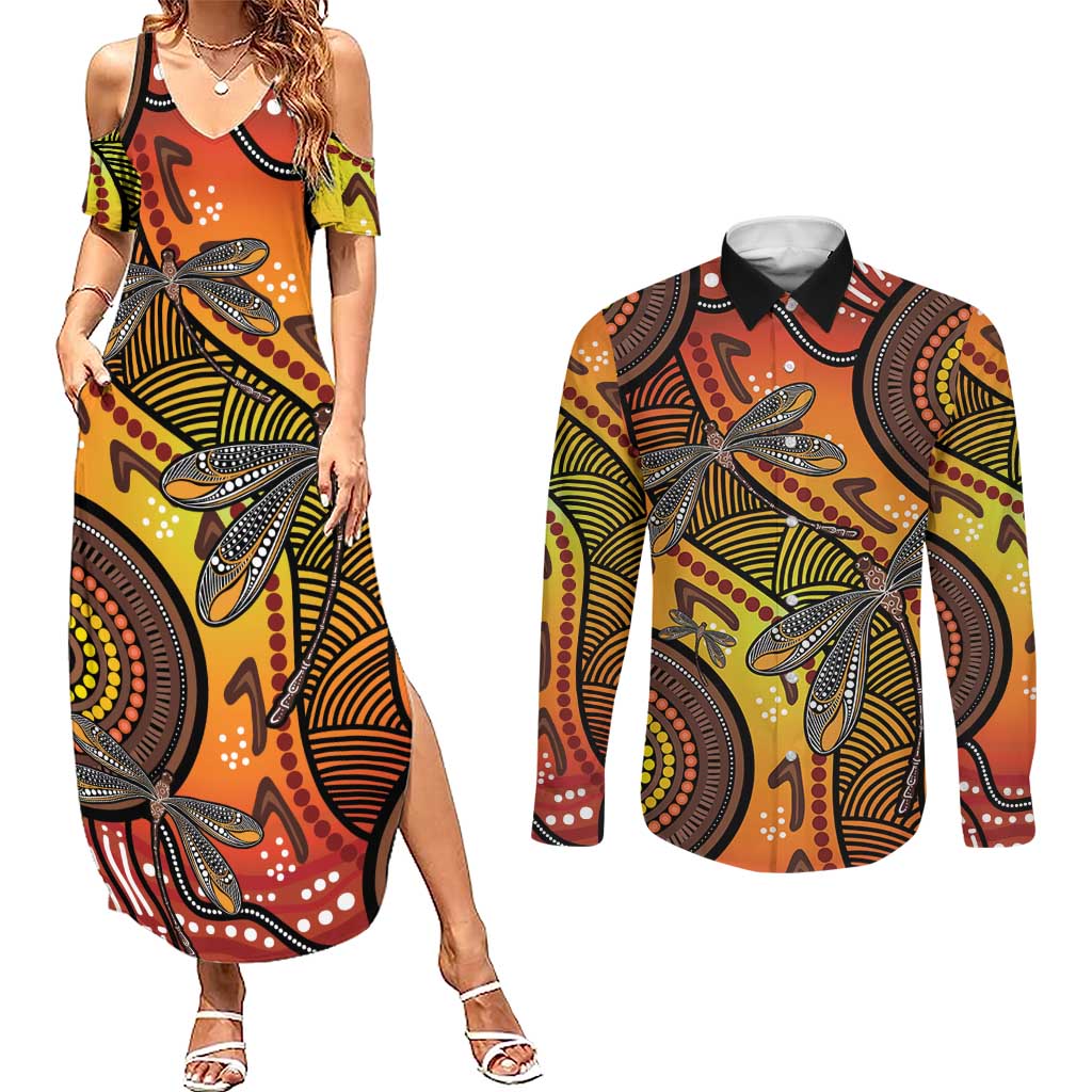 Australian Dragonfly Indigenous Art Couples Matching Summer Maxi Dress and Long Sleeve Button Shirt