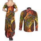 Australian Dragonfly Indigenous Art Couples Matching Summer Maxi Dress and Long Sleeve Button Shirt