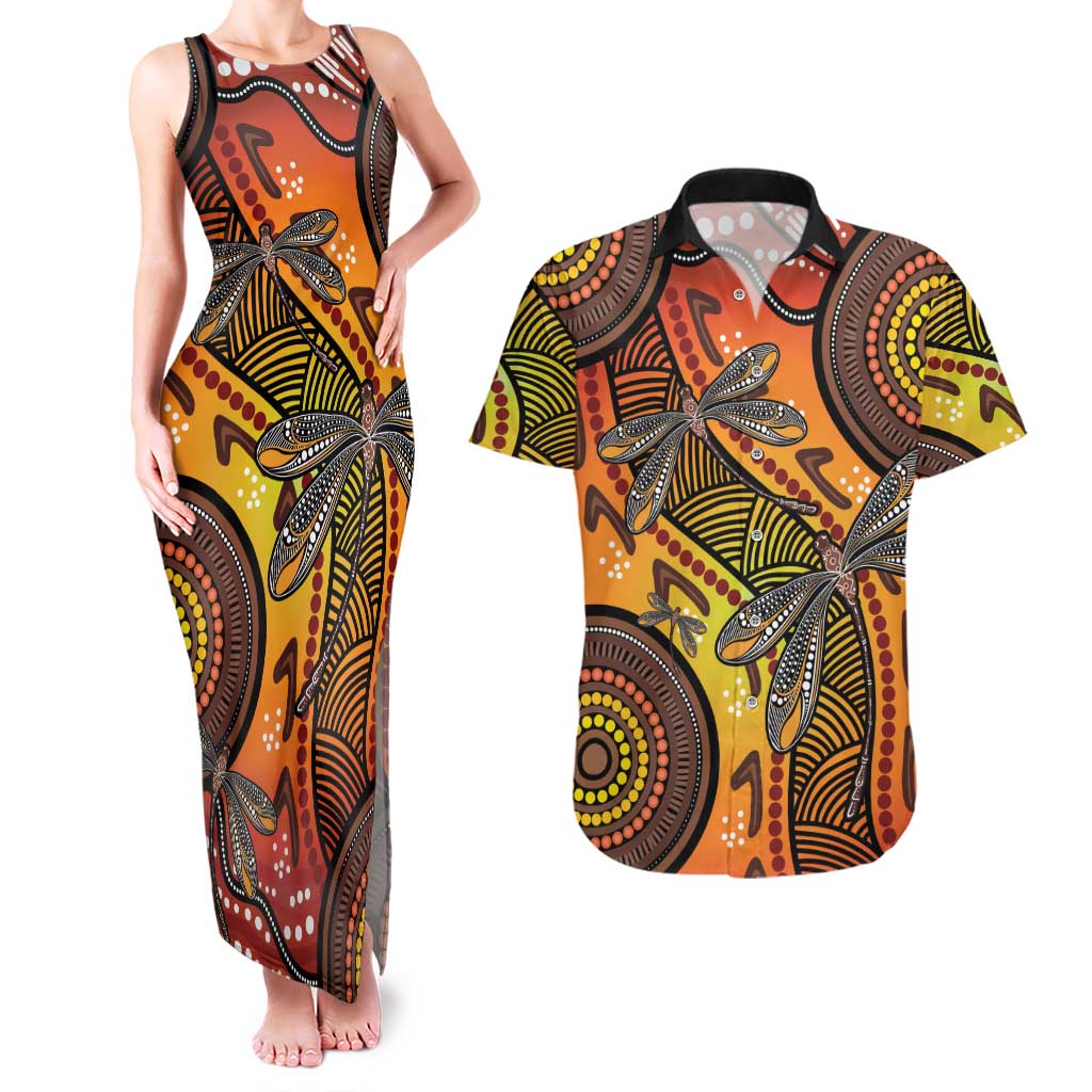 Australian Dragonfly Indigenous Art Couples Matching Tank Maxi Dress and Hawaiian Shirt