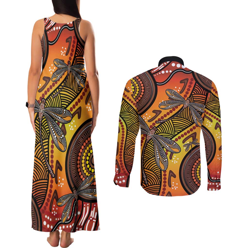 Australian Dragonfly Indigenous Art Couples Matching Tank Maxi Dress and Long Sleeve Button Shirt