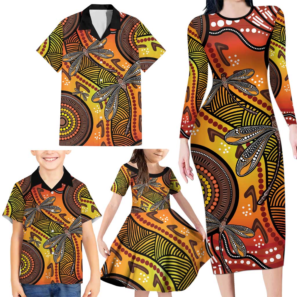 Australian Dragonfly Indigenous Art Family Matching Long Sleeve Bodycon Dress and Hawaiian Shirt