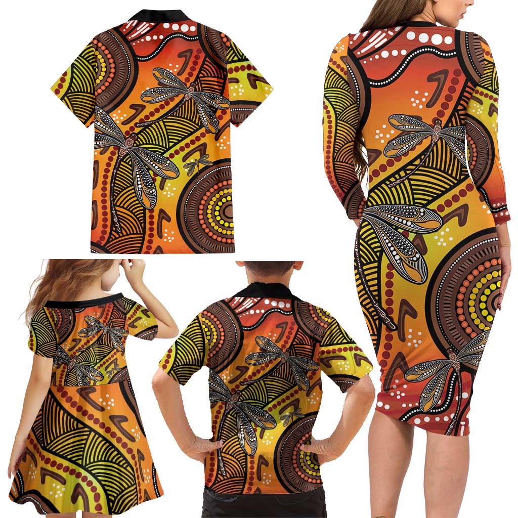 Australian Dragonfly Indigenous Art Family Matching Long Sleeve Bodycon Dress and Hawaiian Shirt
