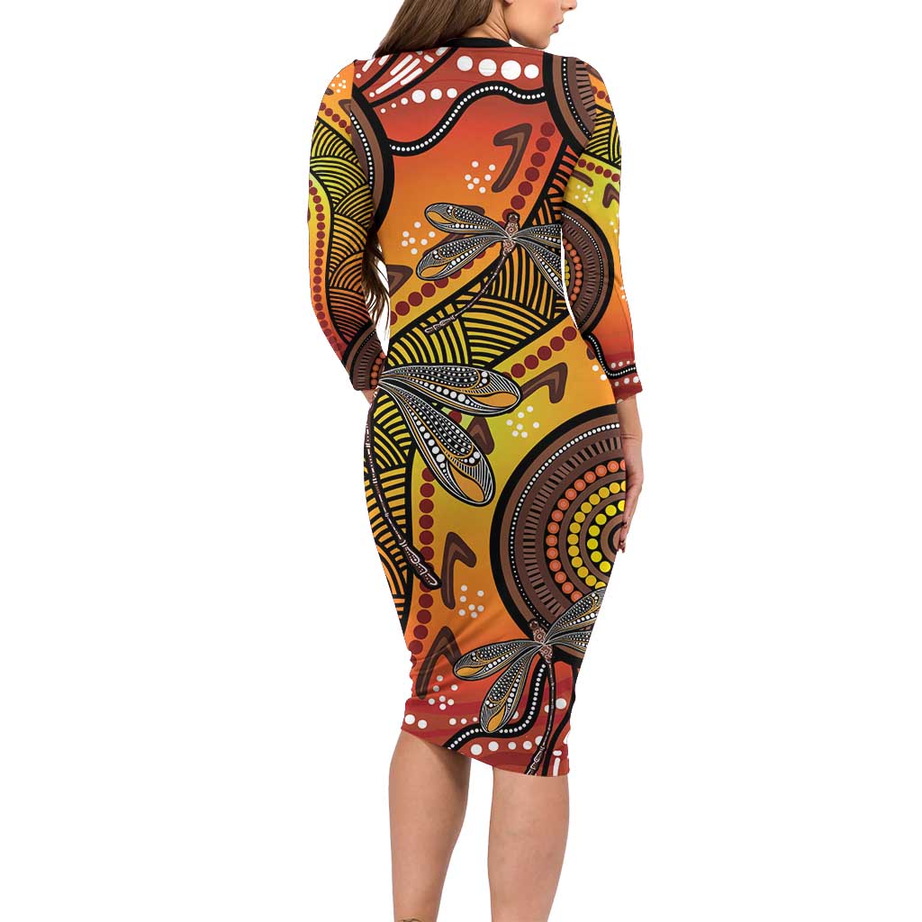 Australian Dragonfly Indigenous Art Family Matching Long Sleeve Bodycon Dress and Hawaiian Shirt