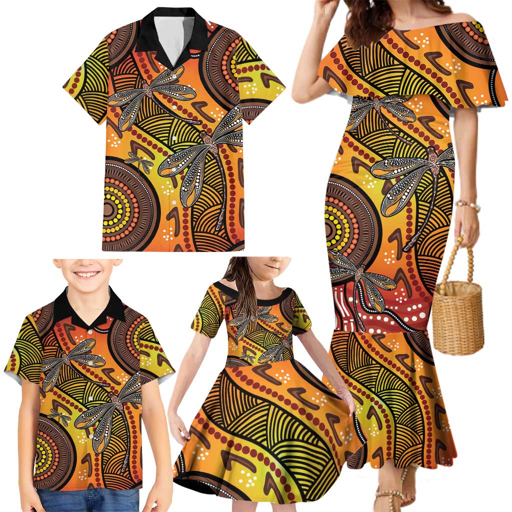 Australian Dragonfly Indigenous Art Family Matching Mermaid Dress and Hawaiian Shirt