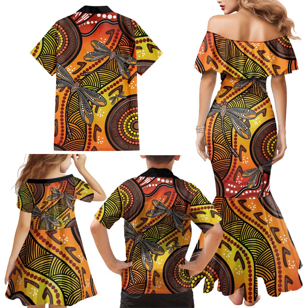 Australian Dragonfly Indigenous Art Family Matching Mermaid Dress and Hawaiian Shirt