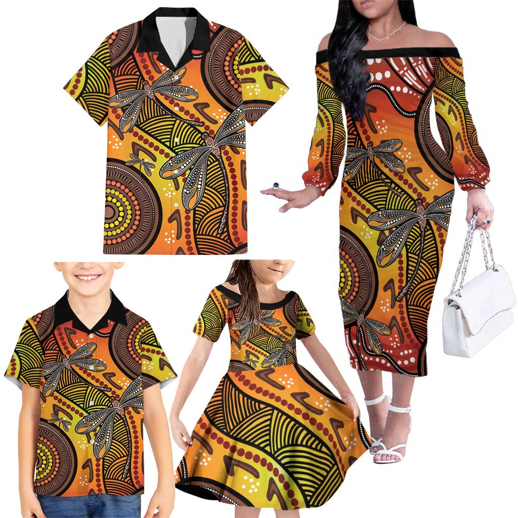 Australian Dragonfly Indigenous Art Family Matching Off The Shoulder Long Sleeve Dress and Hawaiian Shirt
