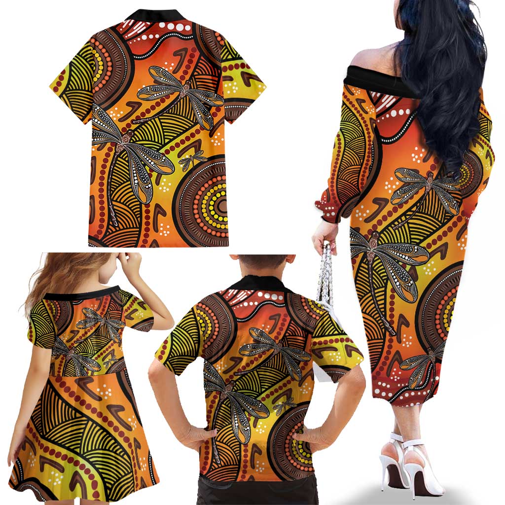 Australian Dragonfly Indigenous Art Family Matching Off The Shoulder Long Sleeve Dress and Hawaiian Shirt