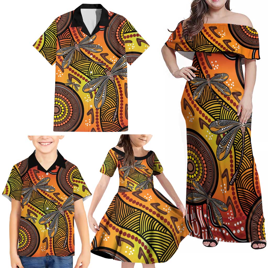 Australian Dragonfly Indigenous Art Family Matching Off Shoulder Maxi Dress and Hawaiian Shirt
