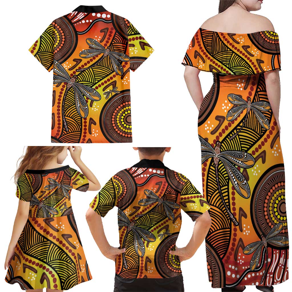 Australian Dragonfly Indigenous Art Family Matching Off Shoulder Maxi Dress and Hawaiian Shirt
