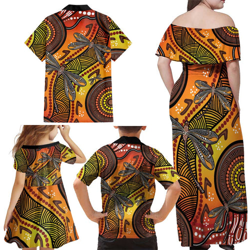 Australian Dragonfly Indigenous Art Family Matching Off Shoulder Maxi Dress and Hawaiian Shirt