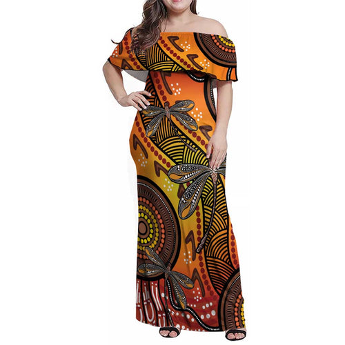 Australian Dragonfly Indigenous Art Family Matching Off Shoulder Maxi Dress and Hawaiian Shirt