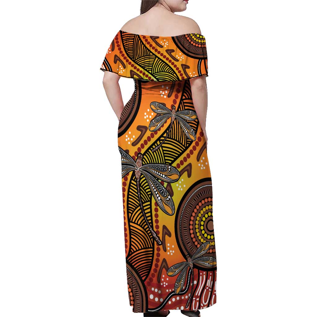 Australian Dragonfly Indigenous Art Family Matching Off Shoulder Maxi Dress and Hawaiian Shirt