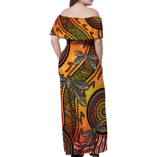 Australian Dragonfly Indigenous Art Family Matching Off Shoulder Maxi Dress and Hawaiian Shirt