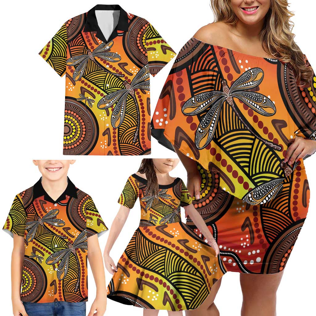 Australian Dragonfly Indigenous Art Family Matching Off Shoulder Short Dress and Hawaiian Shirt