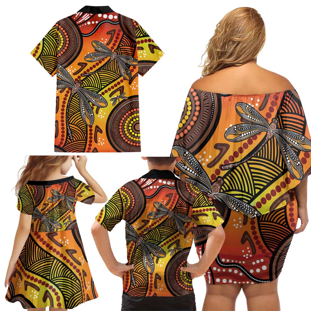 Australian Dragonfly Indigenous Art Family Matching Off Shoulder Short Dress and Hawaiian Shirt