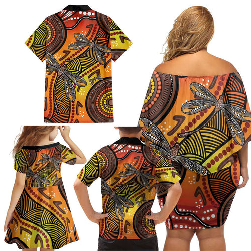 Australian Dragonfly Indigenous Art Family Matching Off Shoulder Short Dress and Hawaiian Shirt