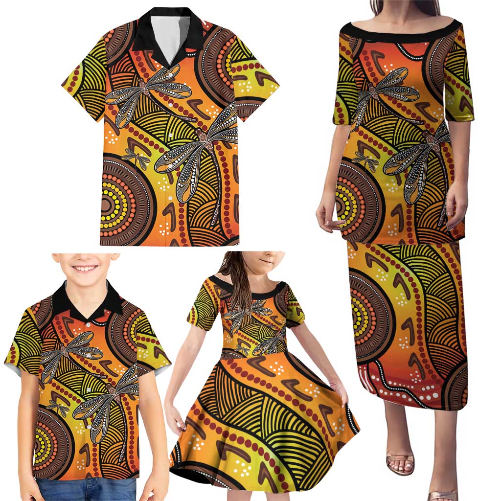 Australian Dragonfly Indigenous Art Family Matching Puletasi and Hawaiian Shirt