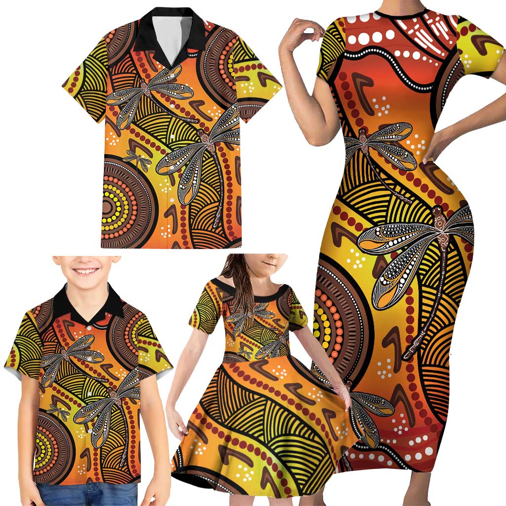 Australian Dragonfly Indigenous Art Family Matching Short Sleeve Bodycon Dress and Hawaiian Shirt