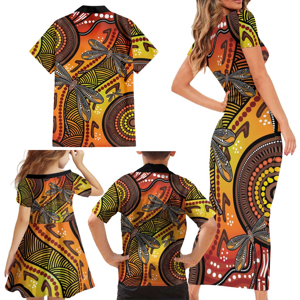 Australian Dragonfly Indigenous Art Family Matching Short Sleeve Bodycon Dress and Hawaiian Shirt