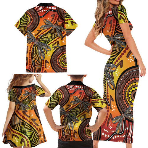Australian Dragonfly Indigenous Art Family Matching Short Sleeve Bodycon Dress and Hawaiian Shirt