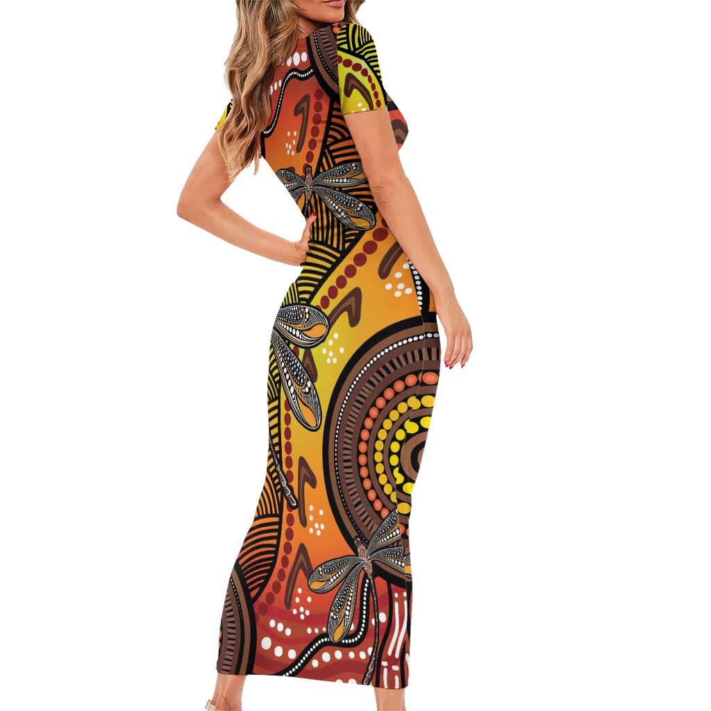 Australian Dragonfly Indigenous Art Family Matching Short Sleeve Bodycon Dress and Hawaiian Shirt