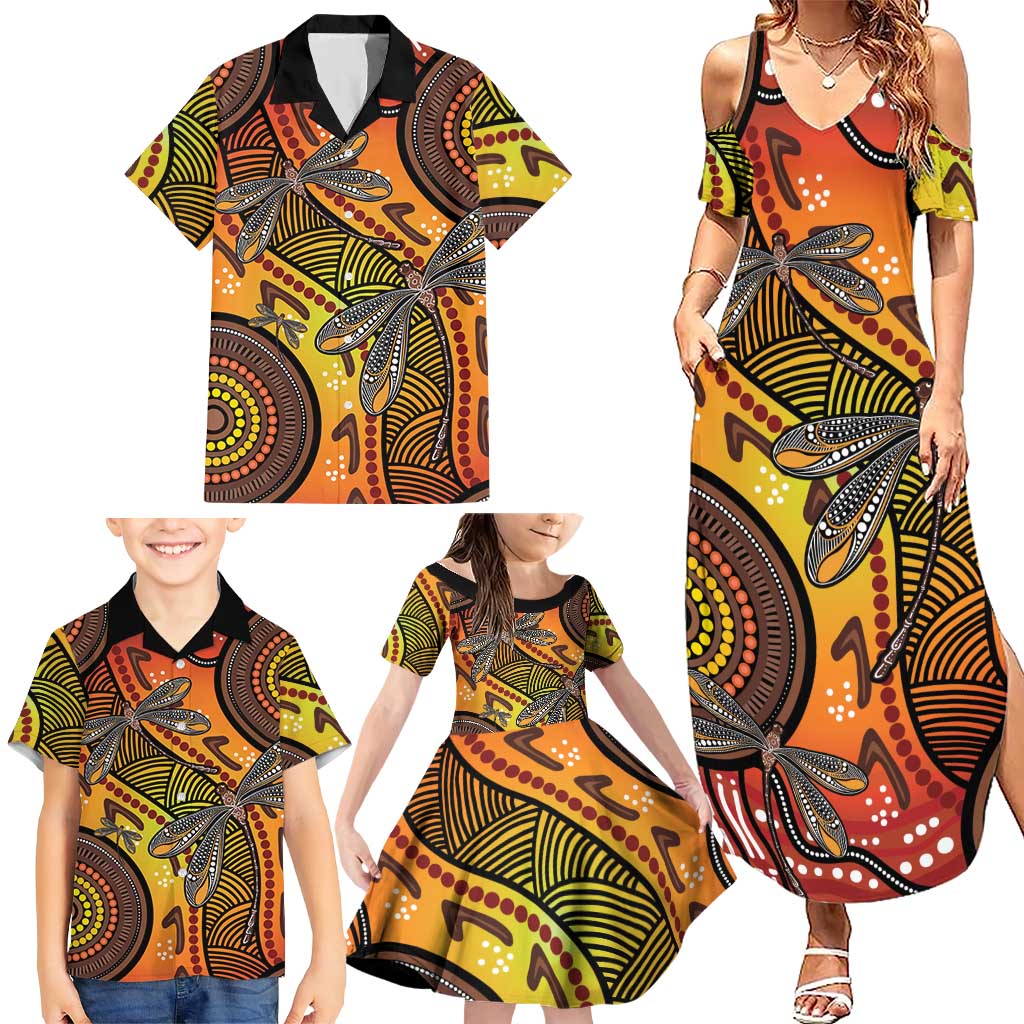 Australian Dragonfly Indigenous Art Family Matching Summer Maxi Dress and Hawaiian Shirt