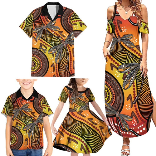 Australian Dragonfly Indigenous Art Family Matching Summer Maxi Dress and Hawaiian Shirt