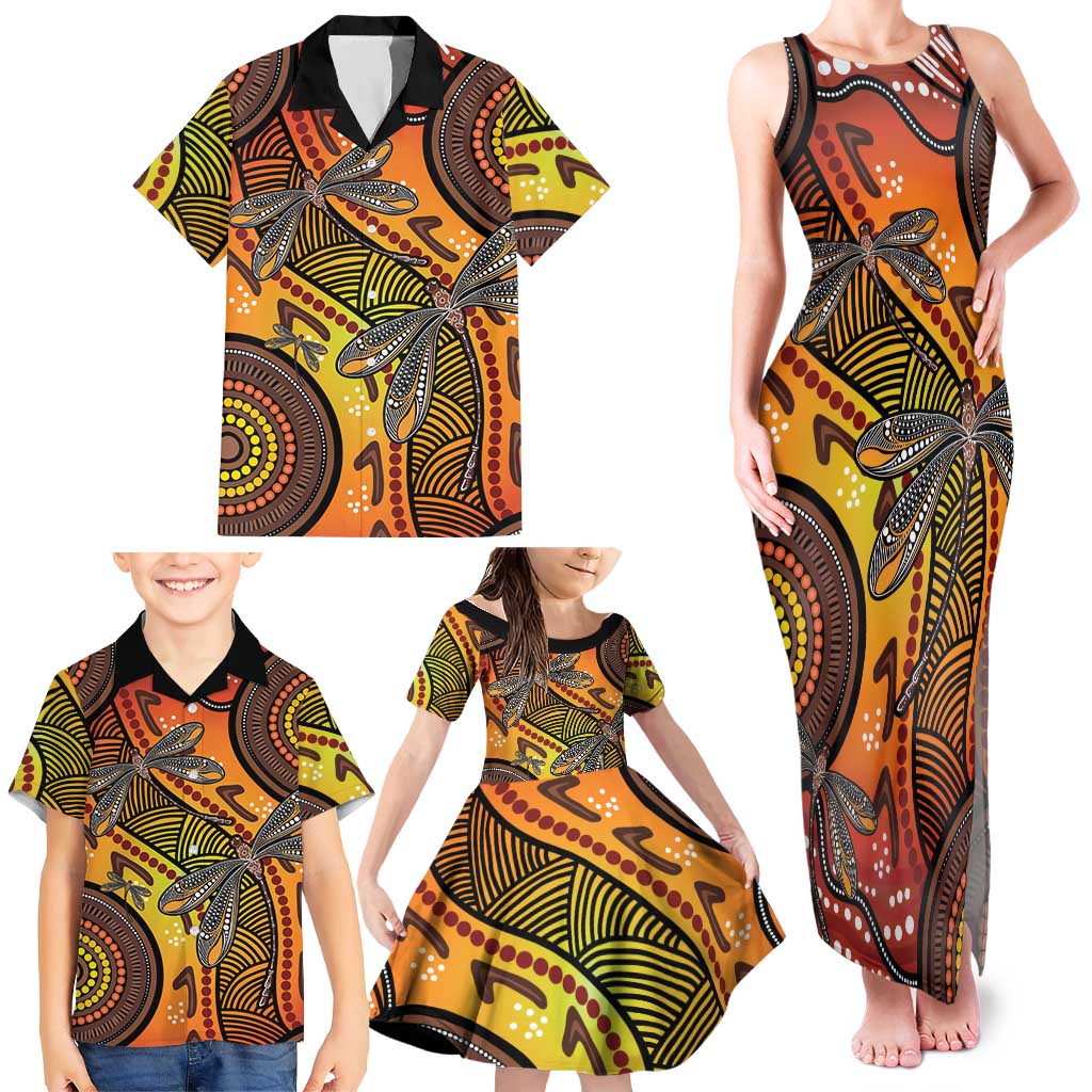 Australian Dragonfly Indigenous Art Family Matching Tank Maxi Dress and Hawaiian Shirt