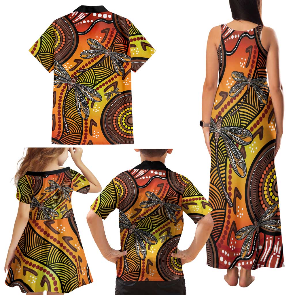 Australian Dragonfly Indigenous Art Family Matching Tank Maxi Dress and Hawaiian Shirt