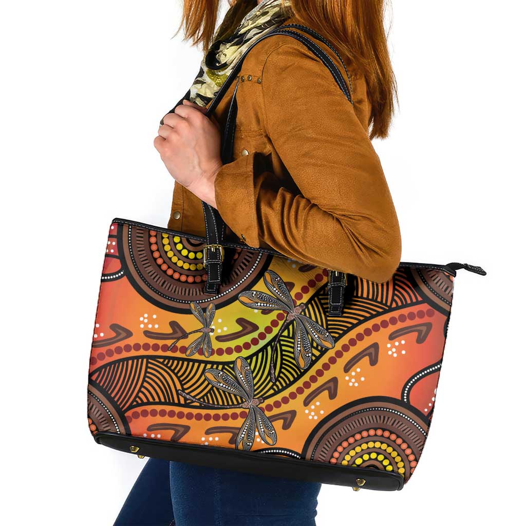 Australian Dragonfly Indigenous Art Leather Tote Bag
