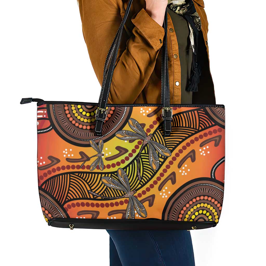 Australian Dragonfly Indigenous Art Leather Tote Bag