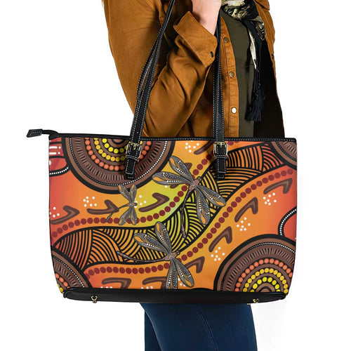 Australian Dragonfly Indigenous Art Leather Tote Bag
