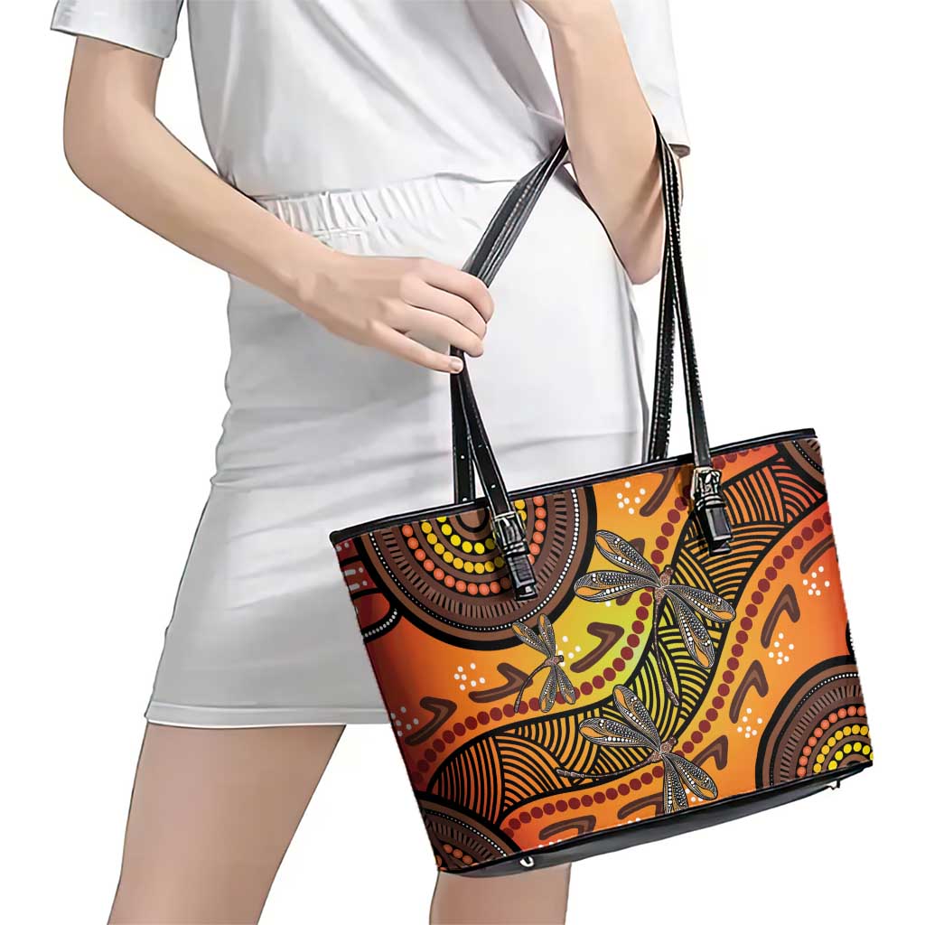 Australian Dragonfly Indigenous Art Leather Tote Bag